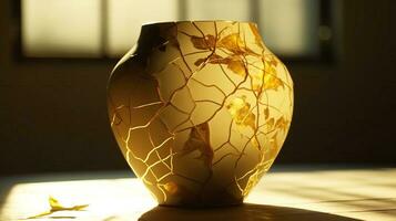 Kintsuki, Japanese pottery. Utensils glued with gold are not concept of constancy, imperfection of world. AI generated. photo