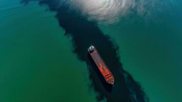 ecológico desastre, petróleo derramar en Oceano cerca petrolero, parte superior vista. comercial entrega. ai generado. foto