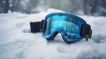 Ski goggles on snow closeup, mountain background. Active recreation, winter sports. AI generated. photo