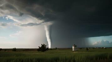 Destructive tornado funnel, natural cataclysm disaster. AI generated. photo