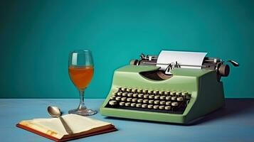 Anonymous person at table with glass of wine and old typewriter with two colored background, Generative AI photo