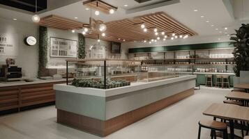 A modern and minimalist food court with a focus on health and wellness. Feature fresh and wholesome ingredients, with a range of vegan, gluten-free, and paleo options. Generative AI photo