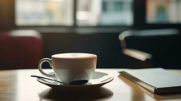 un taza de café en un mesa en un café a hora de comer a trabajar. generativo ai foto