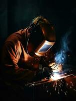 Welder welding metal, dark background with copper colored splashes and metal springs, generative ai photo