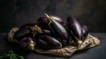 Bunch of ripe organic polished eggplants laid in composition on grunged stone background. Aubergine vegetables at table counter. Generative AI photo