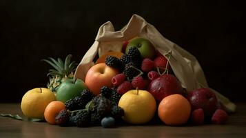 manojo de mezclado orgánico frutas, en lleno eco simpático compras bolso a reducir ecológico huella. cero residuos concepto. Copiar espacio, generativo ai foto