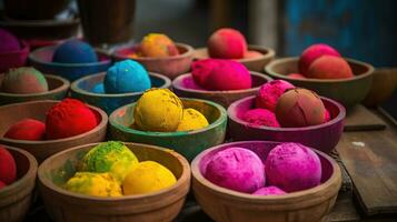 Bright colours in coconut shells for Indian holi festival. Colorful gulal .powder colors. for Happy Holi, generative ai photo