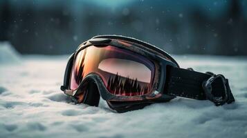 Ski goggles on snow closeup, mountain background. Active recreation, winter sports. AI generated. photo