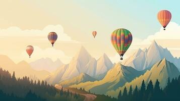 Colored balloons fly in the clouds in the sun over the mountains, hills. AI generated. photo