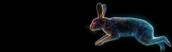 Neon abstract graphic outline of rabbit in jump, wild animal. Dark background isolate. AI generated. photo