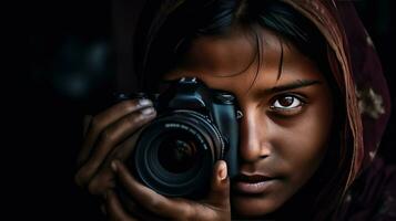 World photography day, girl takes photo with camera, professional hobby. AI generated.