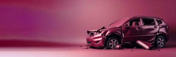 Car accident, broken damaged body metal. Life insurance, technology. Crimson car Crimson background. AI generated. photo