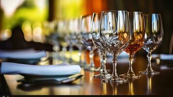 Sparkling glassware and plate on long table prepared for wedding dinner, Generative AI photo