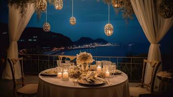 Starry celestial romantic wedding theme, imperial wedding table, sea view, starry night sky, soft candlelight. Generative AI photo