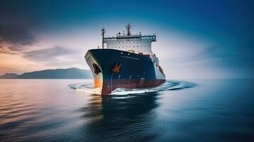 frente ver de un grande carga portador barco, de viaje con velocidad terminado calma océano, generativo ai foto