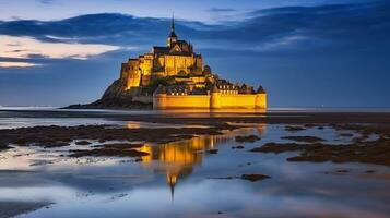 Beautiful castle with night lights in Normandy at Low tide on the coast. Generative AI photo