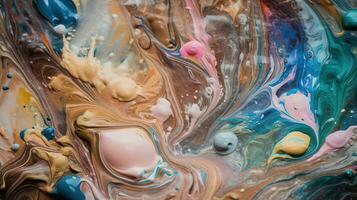 Closeup of swirling mixture of oils, paint, milk, and soap. Background. Generative AI photo