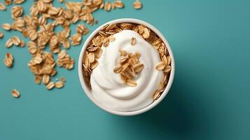 Top View. Yoghurt served with dried oats on blue background, Generative AI photo