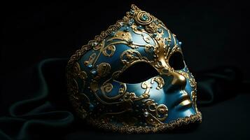 Elegant and delicate Venetian mask over blue dark background, generative ai photo