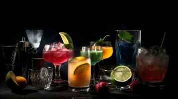 Exquisite close-up photograph of Cocktails assortment served on dark background, Generative AI photo