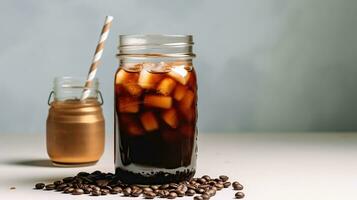 Glass of cold brew with straw and coffee beans on color table against. AI Generative photo