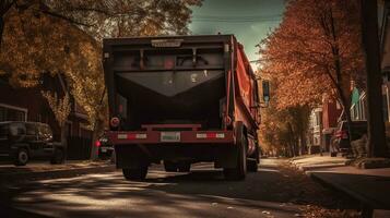 Garbage truck outdoor, back view. AI Generative photo