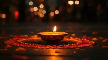 Diwali diya lit on the ground with colorful lights. Generative AI photo