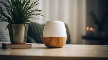 Wireless portable speaker and vase with plant branch on table. AI Generative photo