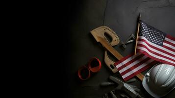 A flag, tools and a hard hat on a table. Generative AI photo