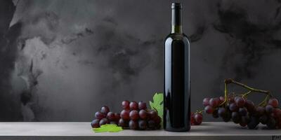 un botella de vino y un vaso con un manojo de uvas en mesa. generativo ai foto