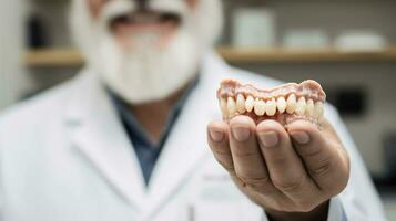 Dentist holding educational model of gum with dental implant between teeth indoors, closeup, generative ai photo