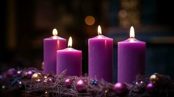 adviento velas en Iglesia - Tres púrpura y uno rosado como un católico símbolo, generativo ai foto