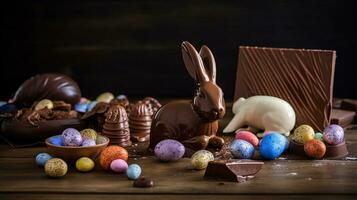 Chocolate eggs and chocolate bunny and sweets on wooden table, AI Generative photo