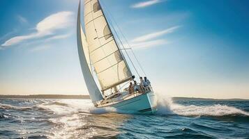 velero exceso de velocidad mediante Oceano con amigos en junta, generativo ai foto