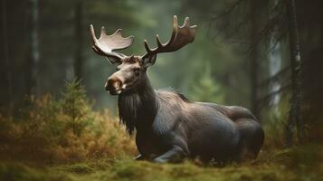 Beautiful animal in the nature habitat. Elk or Moose, Alces alces in the dark forest during rainy day. Generative AI photo