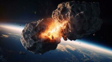 Meteor Impact On Earth - Fired Asteroid In Collision With Planet - Contain 3d Rendering, generative ai photo