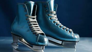 Ice skates on color background, generative ai photo