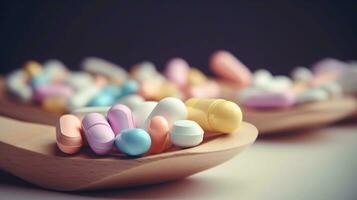 Assorted pharmaceutical medicine pills, tablets and capsules on wooden spoon, AI Generative photo