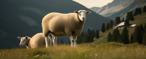 Sheep grazing in alpine meadows and units with mountain nature. Generative AI photo