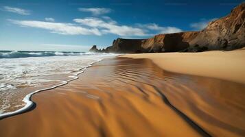 A sandy beach with waves coming in from the water and a cliff in the distance with a blue sky. Generative AI photo