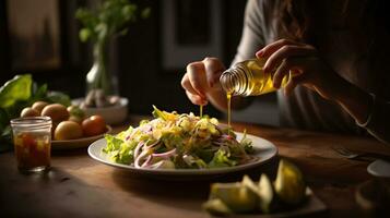 Woman adding tasty apple vinegar to salad with vegetables. AI Generative photo