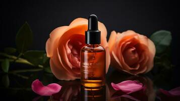 Bottle of vitamin C serum and rose flower in water on color background, AI Generative photo