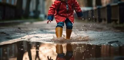 Little boy playing in puddle, Generative AI photo