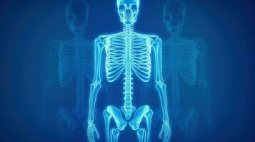 Human skeleton in lamp light, blue background. Scientific body anatomy. AI generated. photo