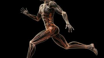 Anatomical structure of muscular system of human body, dark background. AI generated. photo