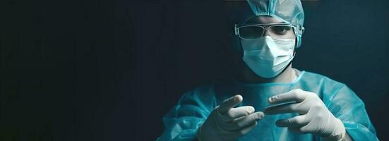 Surgeon doctor close-up in a mask, dark blue background isolate. Medical assistance to patients. AI generated. photo