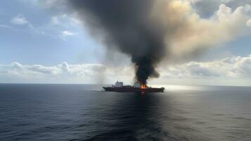 Burning oil cargo tanker in the ocean, sea. Export import of goods. Commercial delivery. AI generated. photo