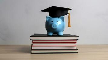 cerdito banco con graduación sombrero y libros en mesa. ai generativo foto