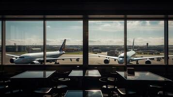 avión ver desde aeropuerto salón en aeropuerto Terminal, generativo ai foto