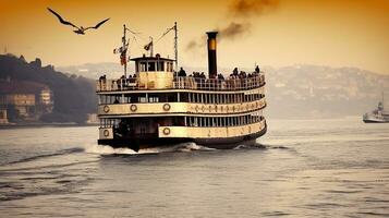 Sea voyage with old ferry or steamboat on the Bosphorus. Generative AI photo